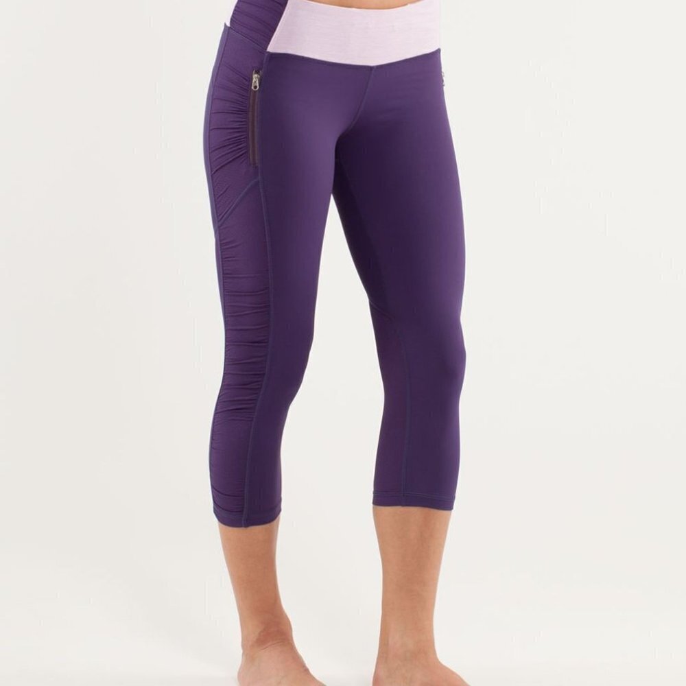 Lululemon Run In the Sun Crop Leggings Purple Womens 4 Ruched Zip Pocket Pants